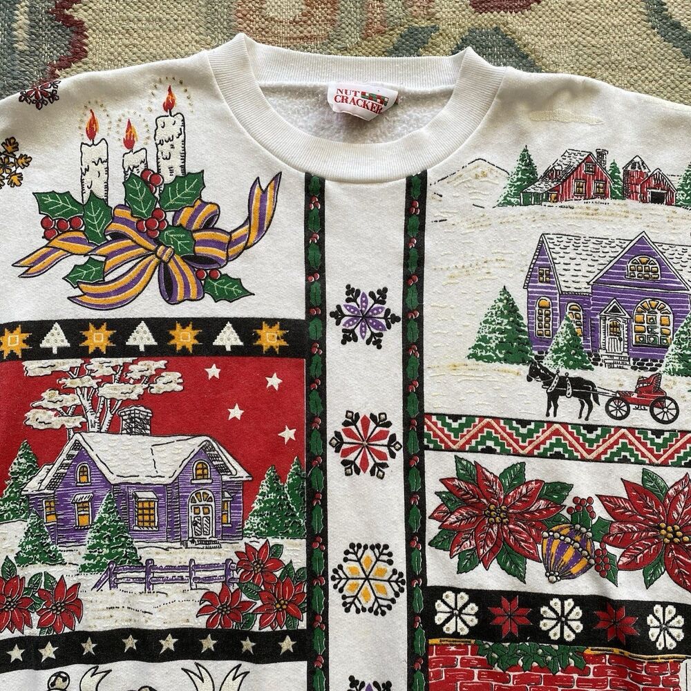 Vintage Nutcracker Christmas Sweatshirt Large Black White AOP Ugly 90s Crewneck